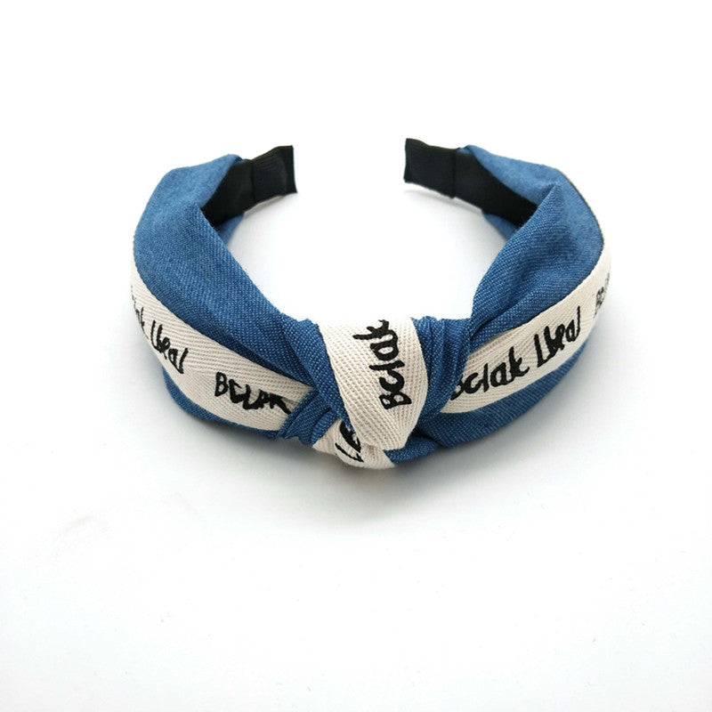 Wholesale Wide Brim Solid Color Knotted Letter Denim Fabric Hair Hoop